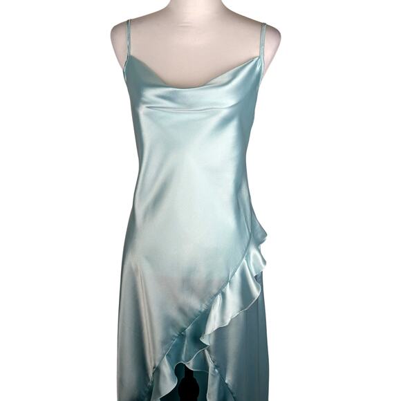 Mint Satin Ruffle Hi-Low Slip Dress | Cowl Neck Prom Nightgown | Size Large - Picture 1 of 9